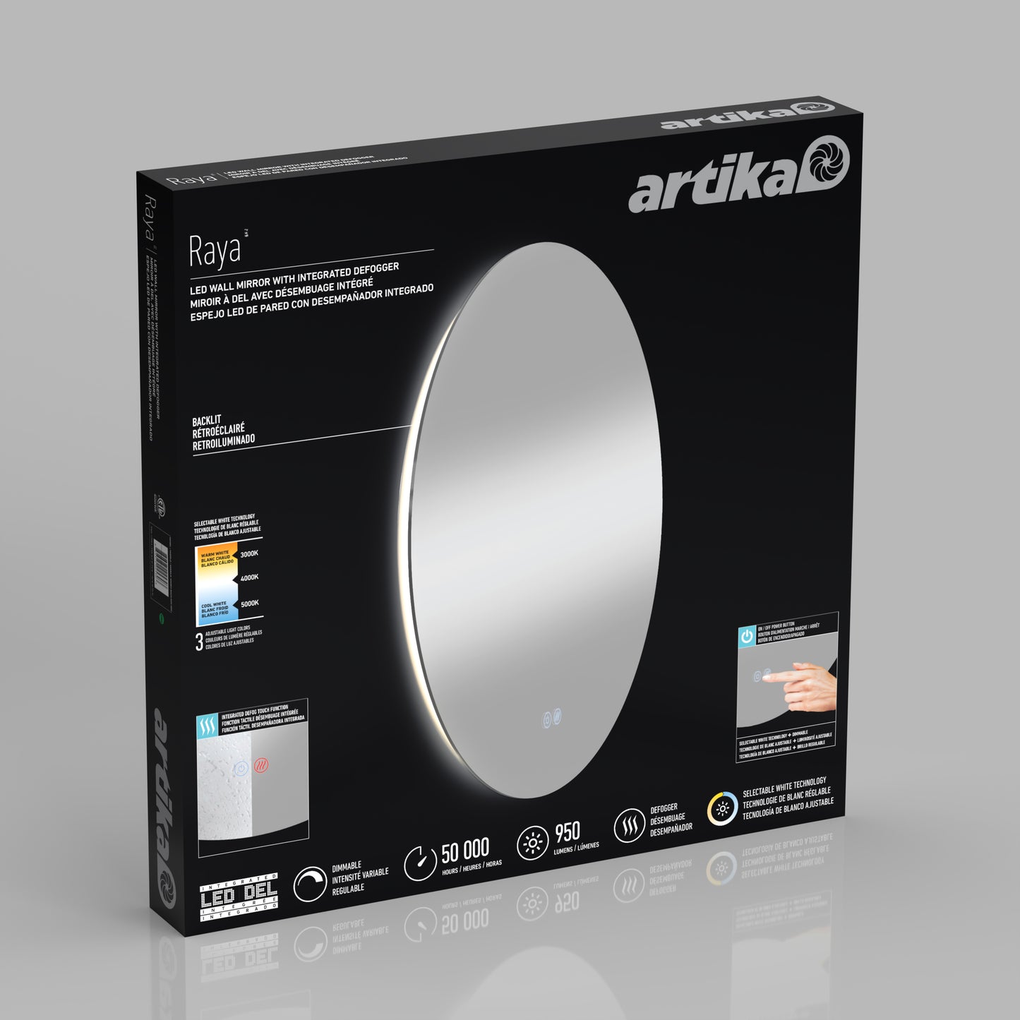 A black Artika box displays the Raya 24 in. LED mirror 3 CCT with defogger, featuring an oval design, touch controls, LED lights, and icons highlighting its features.