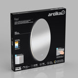 A black rectangular box displays the Artika Raya LED wall mirror with integrated defogger. The packaging shows a large round mirror with touch controls and LED icons, as well as product details and features in white text.