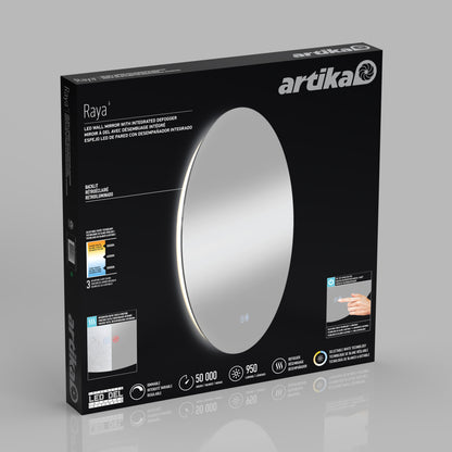 A black Artika box displays the Raya 24 in. LED mirror 3 CCT with defogger, featuring an oval design, touch controls, LED lights, and icons highlighting its features.