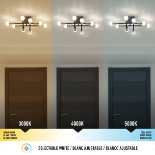 Three Artika Aristo LED flush mounts above doors offer adjustable 3000K, 4000K, or 5000K color temperatures.