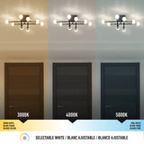 Three ceiling lights above black doors, each emitting different color temperatures: warm white (3000K) on the left, neutral white (4000K) in the center, and cool white (5000K) on the right, with labeled color temperature scale below.