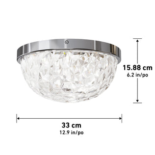 The Artika Carat LED flush mount light features a crystal design with a chrome rim, measuring 15.88 cm (6.2 in) in height and 33 cm (12.9 in) in diameter.