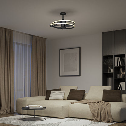 Modern living room with a beige sectional sofa, brown and beige cushions, round black coffee table, bookshelf, large window with curtains, abstract wall art, and an Artika Coda 23 in. LED modern ceiling fan with remote.