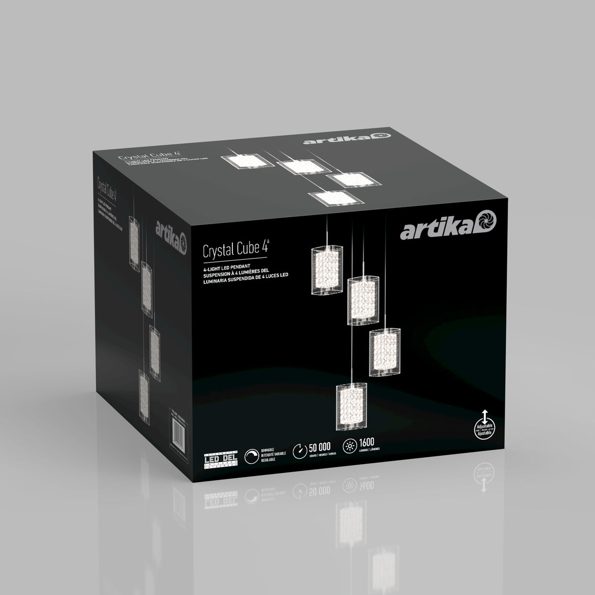 A black box with Artika branding displays the Crystal Cube 4 pendant light fixture, showing images of four hanging rectangular crystal lights. Product features and icons are visible on the front.