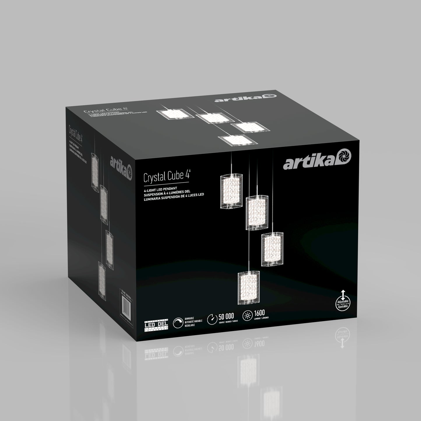 A black box displays the Artika Crystal Cube 4-light LED pendant light, featuring images of four hanging square crystal lights, product details, and the Artika logo on a gray background.