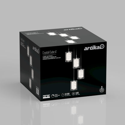 A black box displays the Artika Crystal Cube 4-light LED pendant light, featuring images of four hanging square crystal lights, product details, and the Artika logo on a gray background.