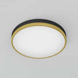 A modern round ceiling light fixture with a black base and a gold trim surrounding a white diffused center, mounted on a light gray ceiling.