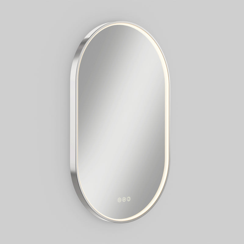 Artika Royce LED mirror 3 CCT with defogger, oval-shaped, thin light border, memory function, on a plain light gray wall.