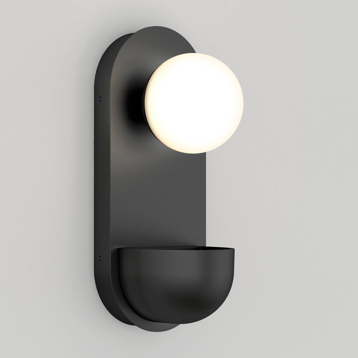 The Artika Bloomfield LED modern mid-century wall sconce 5 CCT features a matte black oval base, a round white glass globe above, and a semi-circular black dish—shown mounted on a plain light gray wall.