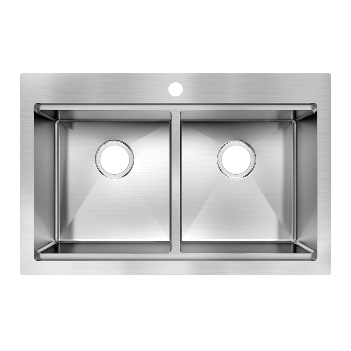 The Artika Newport double bowl stainless steel sink features sharp rectangular edges, a top-view design, a faucet hole, and center drains in each basin.