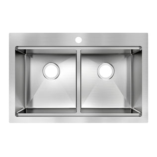 The Artika Newport double bowl stainless steel sink features sharp rectangular edges, a top-view design, a faucet hole, and center drains in each basin.