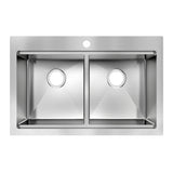Stainless steel double-basin kitchen sink with two square compartments and a central faucet hole, viewed from above against a white background.