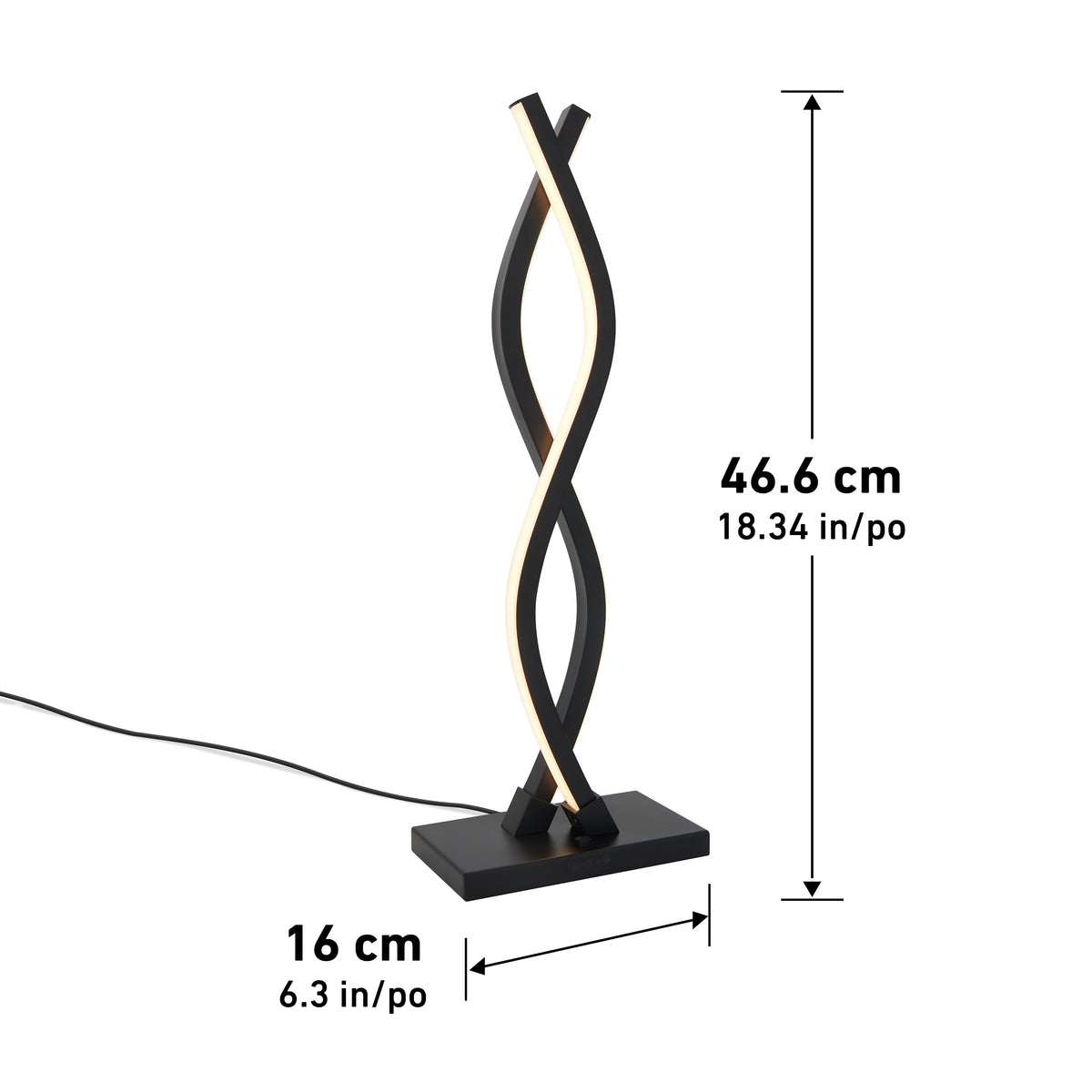 The Artika Wave LED Table Lamp features two twisted LED light strips on a modern black rectangular base. It stands 46.6 cm tall and 16 cm wide, with a power cord that extends from the base.