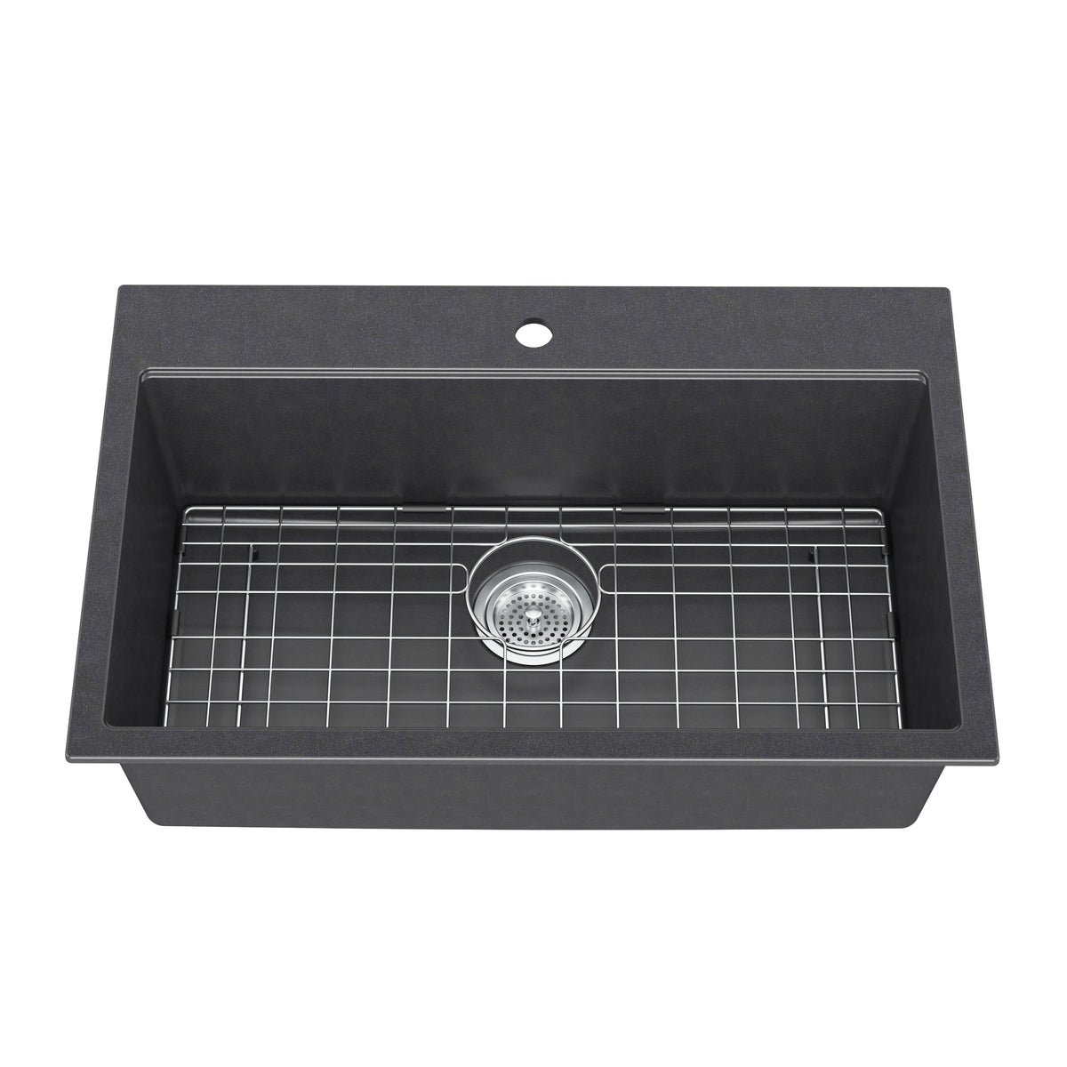 Artika Baycrest 33″ black sink with center drain, faucet hole at back, and metal grid included.