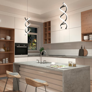 Modern kitchen with white cabinets, gray island countertop, two wooden barstools, open shelving, and two Artika DNA LED pendant lights hanging above the island.