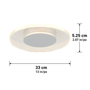 Artika Essence Disk LED flush mount, featuring a glittery rim, measures 33 cm (13 in) in diameter and 5.25 cm (2.07 in) in height; shown here with labeled dimensions.