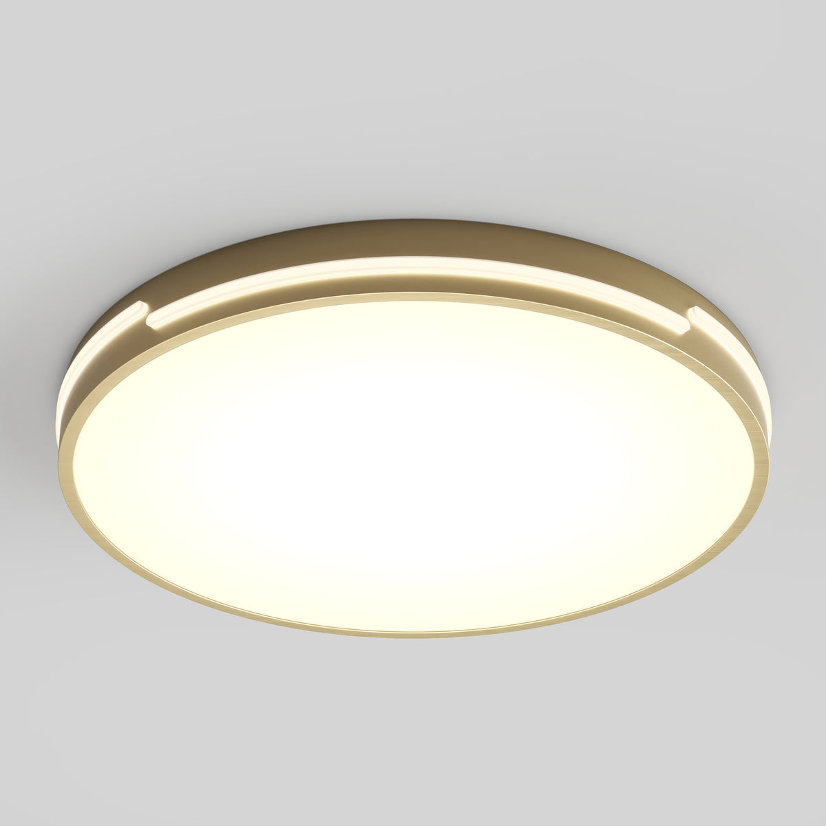 The Artika Delray 15.7 in. LED modern flush mount light features a warm beige outer ring and glowing white center, installed on a plain light gray ceiling.