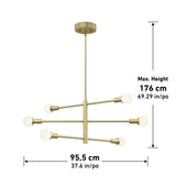 Modern gold chandelier with six exposed bulb fixtures arranged on three horizontal rods; maximum height is 176 cm (69.29 in), and width is 95.5 cm (37.6 in). Measurements are shown with arrows.