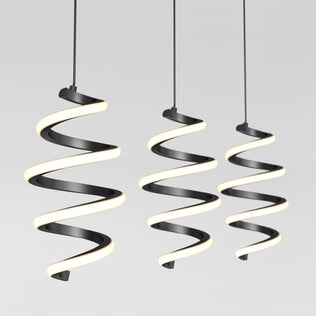 Artika’s Chorus 3-light LED pendant light features black spiral frames and integrated white LEDs, offering a sleek, contemporary look against a light gray background. The fixture includes 5 CCT settings for customizable lighting.