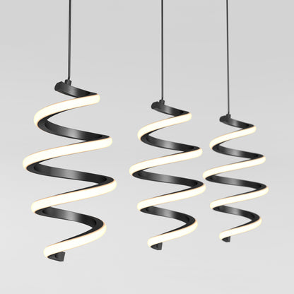 Three modern pendant lights with spiral, ribbon-like black frames and glowing white edges hang from the ceiling against a plain light gray background.