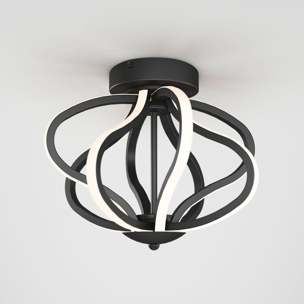 The Artika Meridian LED flush mount light features black, looped metal bands and integrated LED strips in an abstract, spherical design, creating a modern look against a plain white ceiling.