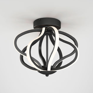 The Artika Meridian LED flush mount light features black, looped metal bands and integrated LED strips in an abstract, spherical design, creating a modern look against a plain white ceiling.