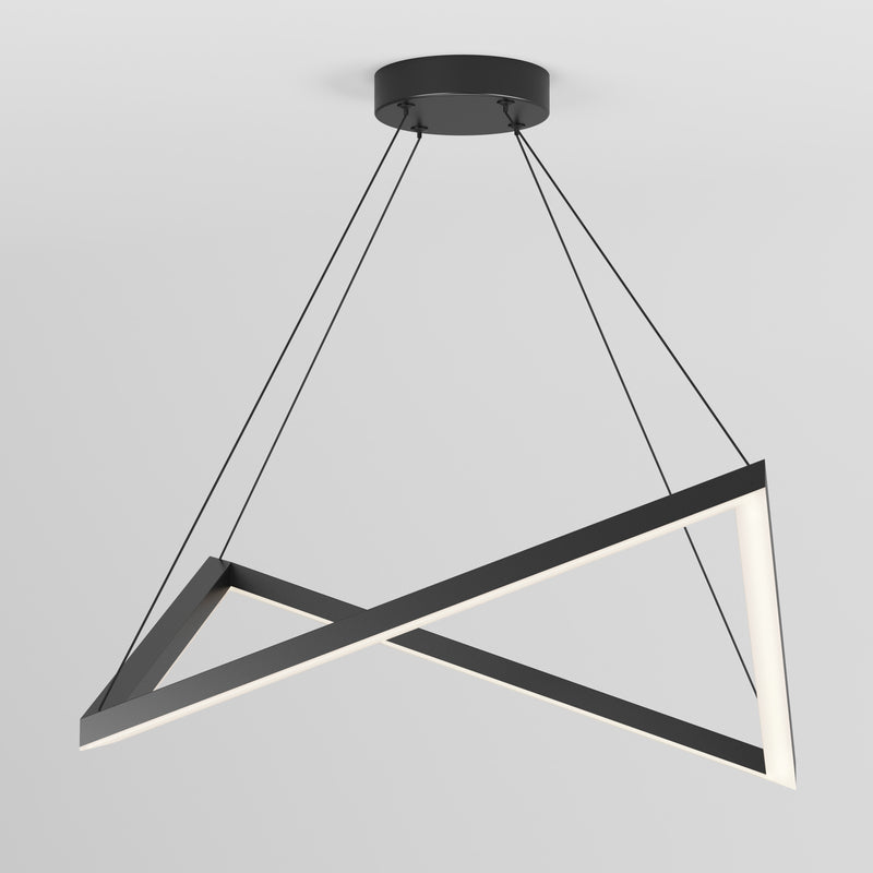The Artika Artemis LED pendant light 3 CCT features a modern black geometric design with three angled bars, suspended by four thin cables from a round ceiling mount, shown against a plain white background.