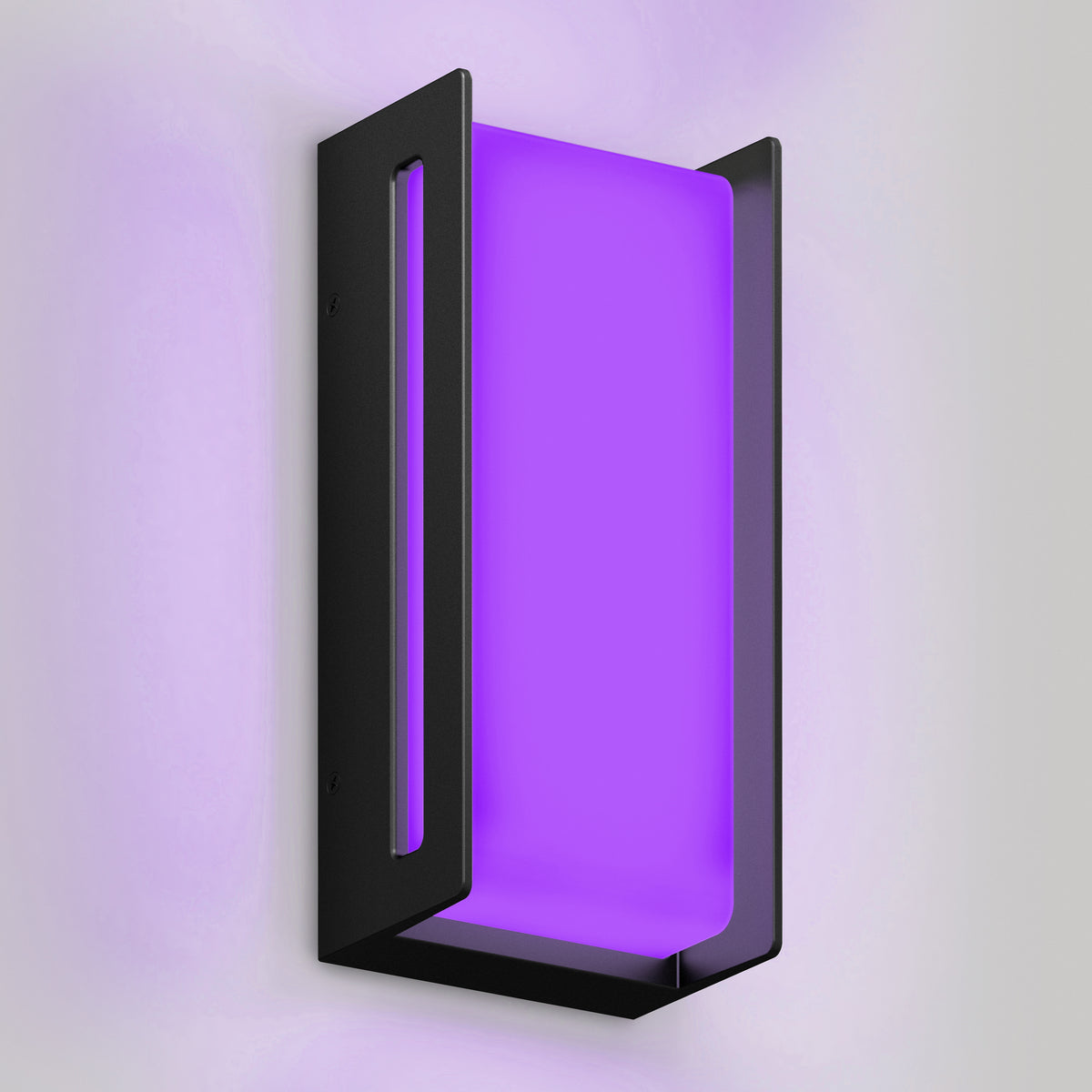 The Artika Ryker smart RGB indoor-outdoor wall light is a modern black sconce with a rectangular open-frame design, shown mounted on a light gray wall and glowing purple at its center.