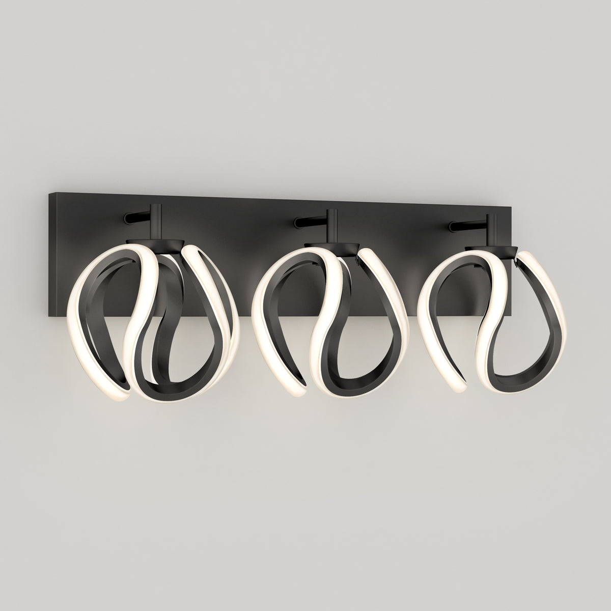 A modern wall-mounted light fixture with three black loops, each outlined with integrated LED lights, attached to a rectangular black base against a plain light gray background.