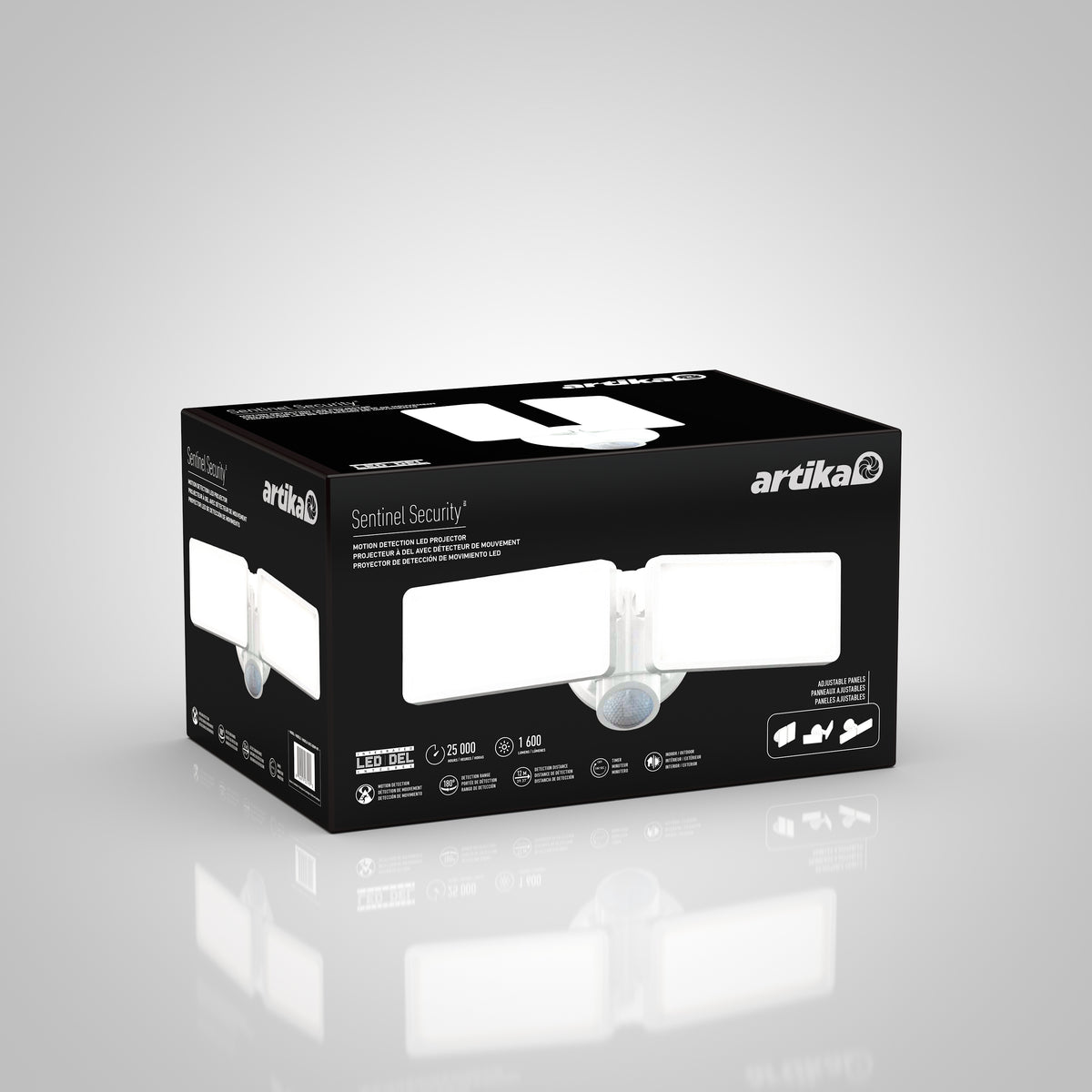 Black and white product box for Artika Sentinel Security LED light, featuring an image of the light fixture on the front and various product details and icons on the sides.