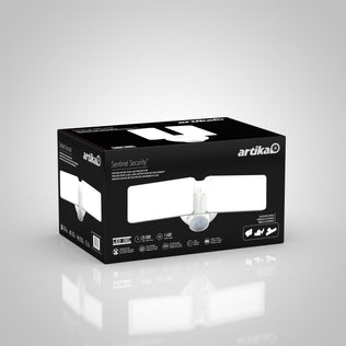 Black and white box for the Artika Sentinel Outdoor Flat Panel Security Light, showing images of the fixture and product details on a light gray background.