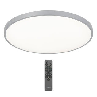 The Artika Jupiter 23 in. LED flush mount light features a white diffuser, silver trim, and comes with a black remote control.