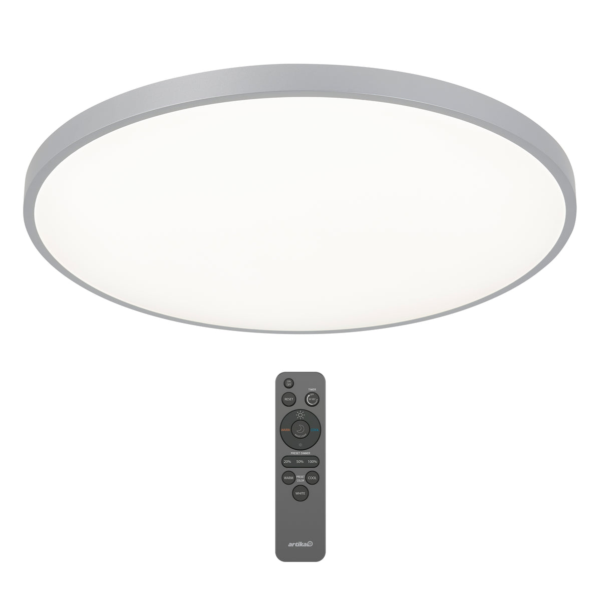 A round, flat LED ceiling light with a frosted white cover and silver rim, shown above a black remote control with multiple buttons.