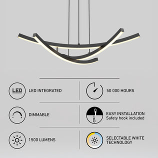 Artika Orly modern LED pendant light 5 CCT with a curved design, 50,000-hour life, dimming, 1500 lumens, easy installation, and energy efficiency.