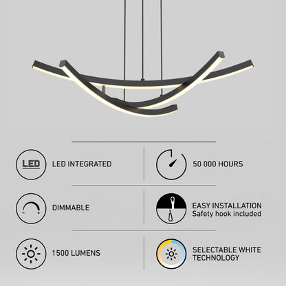 Artika Orly modern LED pendant light 5 CCT with a curved design, 50,000-hour life, dimming, 1500 lumens, easy installation, and energy efficiency.