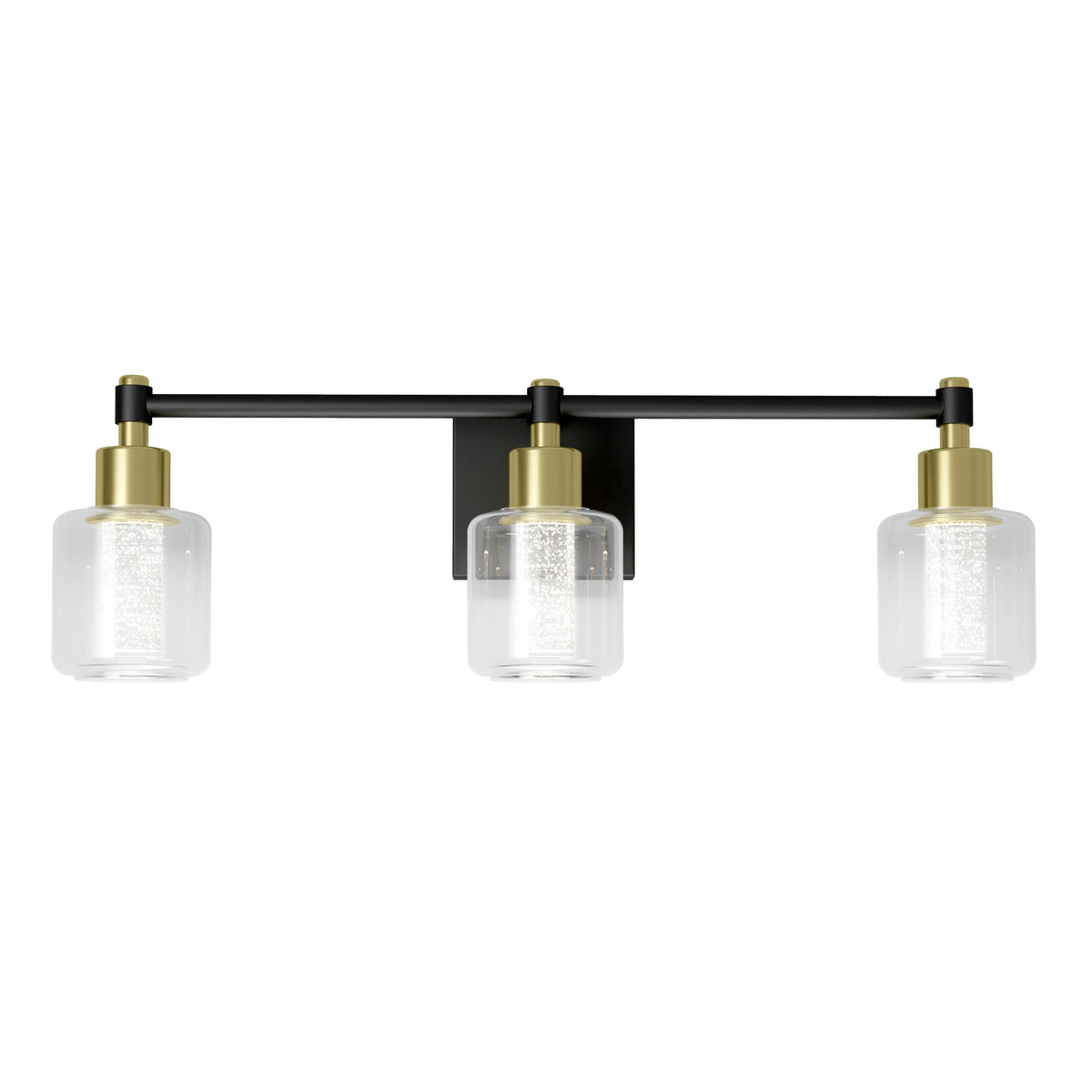 A modern three-light wall sconce with a black horizontal bar, gold accents, and three clear cylindrical glass shades mounted on a rectangular black base.