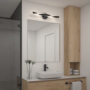 Modern bathroom with rectangular mirror, vessel sink, wood vanity, and Artika Finley LED dimmable light above the mirror.