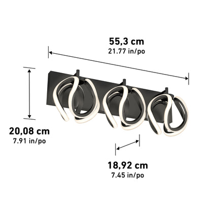 The Artika Vivaldi LED contemporary bathroom vanity light features three abstract loops in black. Dimensions: 55.3 cm (21.77 in) wide, 20.08 cm (7.91 in) high, and 18.92 cm (7.45 in) deep.