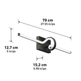 A modern wall light fixture with a rectangular black base and a white, looping tube design. Dimensions are shown: 70 cm wide, 12.7 cm tall, and 15.2 cm deep. Measurements are also in inches.