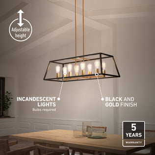 Artika Carter Long 8-light chandelier with a rectangular black and gold frame and eight exposed bulbs hanging above a wooden dining table.