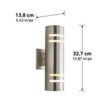 A cylindrical wall light fixture with horizontal light slits, mounted on a rectangular base. Dimensions shown: 13.8 cm (5.43 in) wide and 32.7 cm (12.87 in) tall.