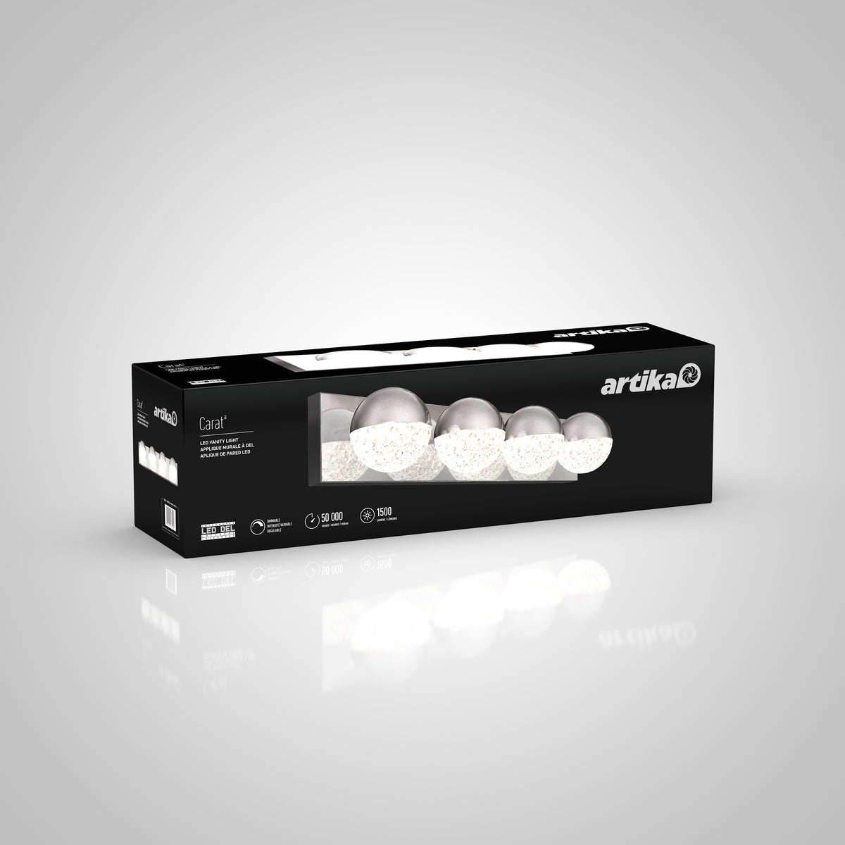 A rectangular black box with a clear window displaying five modern silver and white light fixtures inside. The box is labeled Artika and shows product icons and details on the front.