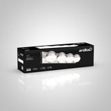 A rectangular black box with a clear window displaying five modern silver and white light fixtures inside. The box is labeled Artika and shows product icons and details on the front.