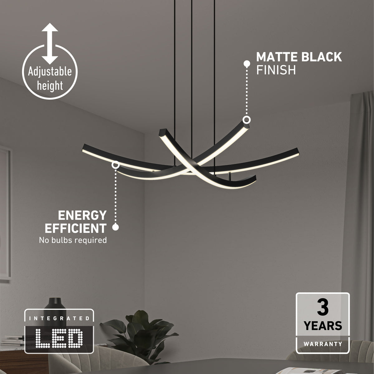 The Orly modern LED pendant light by Artika features a matte black finish, curved bars, adjustable height, energy-efficient integrated LEDs with 5 CCT options, and comes with a 3-year warranty—perfect for minimalist dining rooms.