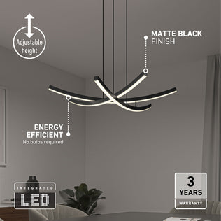 The Orly modern LED pendant light by Artika features a matte black finish, curved bars, adjustable height, energy-efficient integrated LEDs with 5 CCT options, and comes with a 3-year warranty—perfect for minimalist dining rooms.