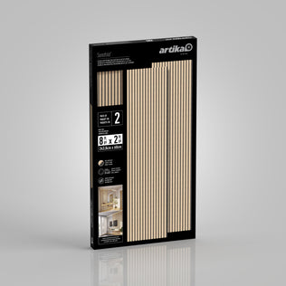 Artika Sonofold sound-absorbing wall panel kit, pack of 2, features two beige slatted panels (24.5 x 86 cm) shown on the box, with images illustrating interior use and key details like size and quantity on the label.