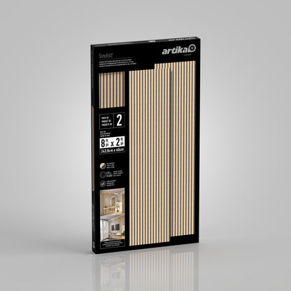 Artika Sonofold sound-absorbing wall panel kit, pack of 2, features two beige slatted panels (24.5 x 86 cm) shown on the box, with images illustrating interior use and key details like size and quantity on the label.