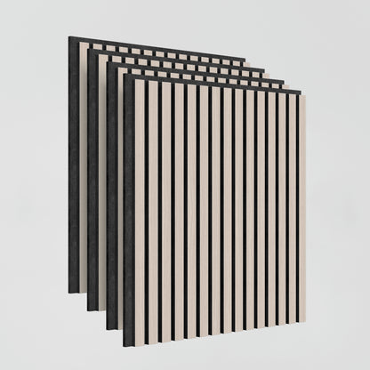 Four Artika Sonolok 15.5 ft sound-absorbing wall panels (4-pack) are stacked with a slight offset. Each features a light wood surface with vertical black stripes and black edges, displayed against a plain white background.