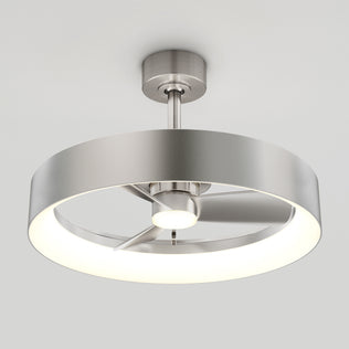 The Artika Austin 23 in. LED modern ceiling fan features a circular metallic frame, integrated LED light ring, quiet motor, and three blades mounted on a stainless steel rod; includes remote control.