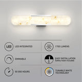 A modern wall light fixture glows softly above six icons with text: LED integrated, 50,000 hours, dimmable, 1700 lumens, easy installation with safety hook, and tunable white technology.